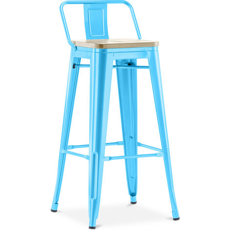 Stylix bar stool with small backrest - 76 cm - Metal and Light Wood Turquoise Wood, Iron