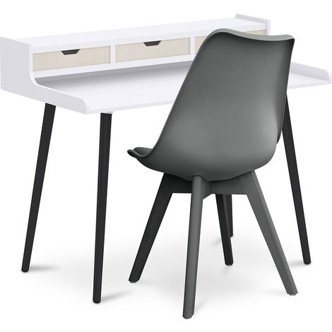 Office Desk Table Wooden Design Scandinavian Style Thora + Premium Denisse Scandinavian Design chair with cushion Dark grey