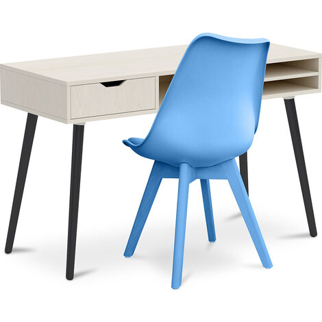 Office Desk Table Wooden Design Scandinavian Style Beckett + Premium Denisse Scandinavian Design chair with cushion Light blue