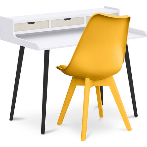 Office Desk Table Wooden Design Scandinavian Style Thora + Premium Denisse Scandinavian Design chair with cushion Yellow