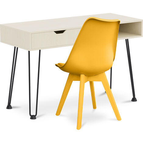 Office Desk Table Wooden Design Hairpin Legs Scandinavian Style Andor + Premium Denisse Scandinavian Design chair with cushion Yellow - Yellow