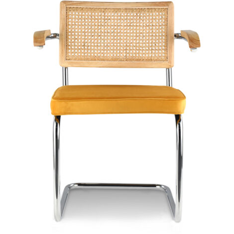 Dining Chair with Armrests - Velvet Upholstery - Wood & Rattan - Martha