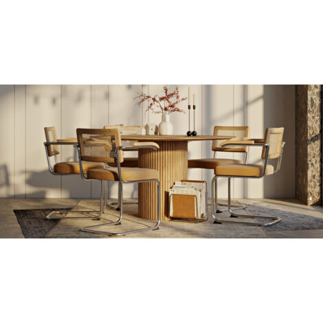 Dining Chair with Armrests - Velvet Upholstery - Wood & Rattan - Martha