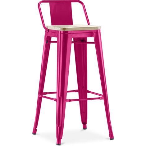Bar Stool with Backrest - Industrial Design - Wood & Steel - 76cm - New Edition - Stylix Fuchsia