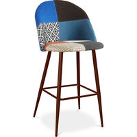 Patchwork Upholstered Bar Stool Scandinavian Design with Dark Metal Legs - Evelyne Pixi Multicolour Metal with wooden transfer painting, Wood, Linen