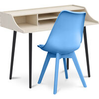 Office Desk Table Wooden Design Scandinavian Style Torkel + Premium Denisse Scandinavian Design chair with cushion Light blue