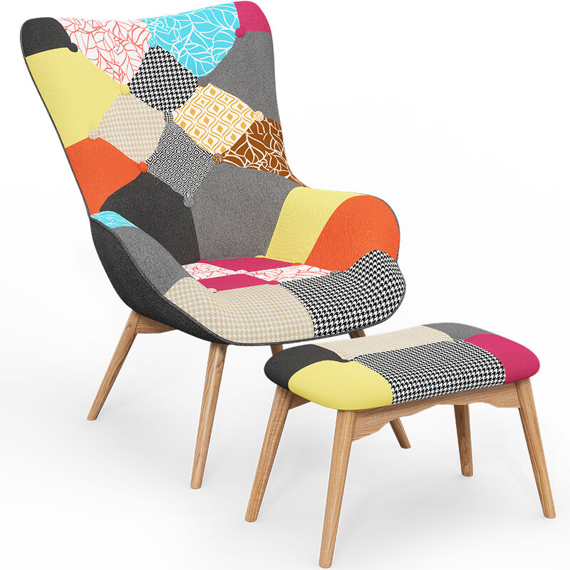 Poltrona scandinava patchwork Helsinki con poggiapiedi e cuscino lombare,  poltrona da soggiorno in tessuto di lino multicolore