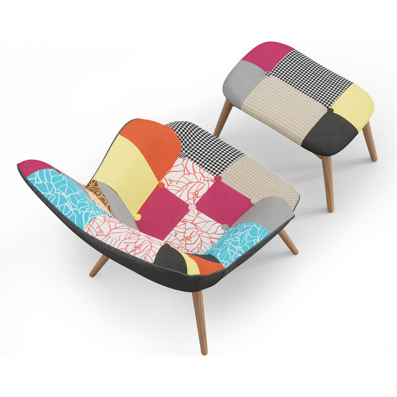 Poltrona scandinava patchwork Helsinki con poggiapiedi e cuscino lombare,  poltrona da soggiorno in tessuto di lino multicolore