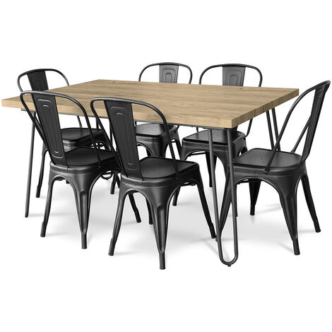 Pack Tavolo da pranzo - Design industriale 150cm + Confezione di 6 sedie da  pranzo - Design industriale - Hairpin Stylix Nero - Acciaio, MDF rivestito  in melamina con finitura in legno di frassino nat