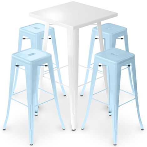 Confezione Tavolo sgabello bianco e confezione di 4 sgabelli da bar - Design industriale - Metallo - Nuova edizione - Bistrot Stylix Azurro