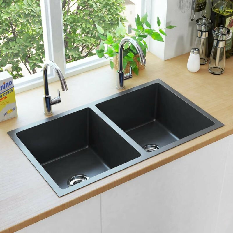 Topdeal - Handmade Kitchen Sink With Strainer Black Stainless Steel FF145085_UK