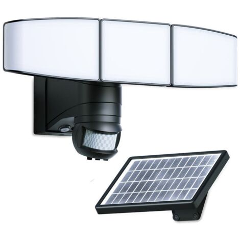 Proyector LED solar multiángulo negro de 3 cabezas de 1000 lúmenes