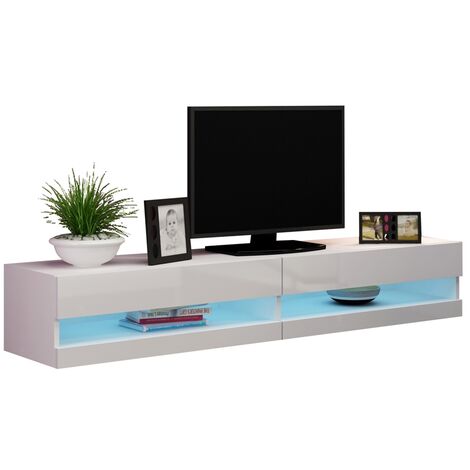 Caspian White High Gloss TV Stand Cabinet RGB LED Lights | Floating Wall Unit - 140cm