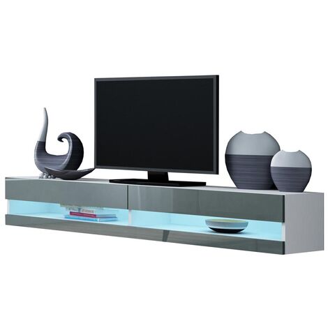 Caspian White & Grey High Gloss TV Stand Cabinet RGB LED Lights | Floating Wall Unit - 140cm