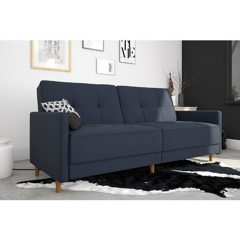 Andora Sprung Seat Sofa Bed Mid Century Modern Futon Linen Navy Blue