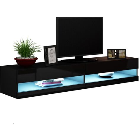 Caspian Black High Gloss TV Stand Cabinet RGB LED Lights | Floating Wall Unit - 140cm