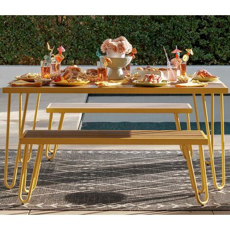 Novogratz Paulette Poolside Outdoor Garden Patio Table and Bench Set - Yellow