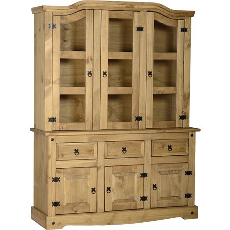 Seconique Corona Mexican Solid Pine 6 Door 3 Drawer 4'6" Buffet Hutch Sideboard Display Cabinet