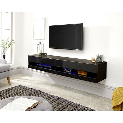 Galicia Wall Mounted Gloss TV Unit with LED - 180cm Black