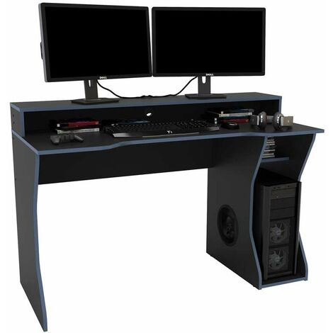 Birlea Enzo Computer PC Gaming Desk Blue Monitor Shelf Cable Tidy Tower Stand