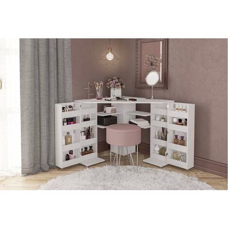 Olivia Corner Dressing Table With 20 Shelf Hidden Makeup Storage White