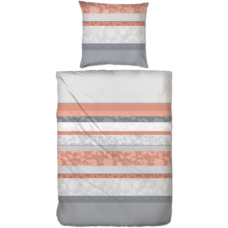 Hahn Perkal Bettwäsche Streifen Floral 135×200 + 80×80 cm Grau