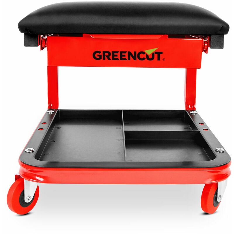 Sgabello da officina meccanica mobile con cassetto e porta attrezzi, carico  massimo 150kg, sedile imbottito, colore rosso-nero - Greencut MSD90