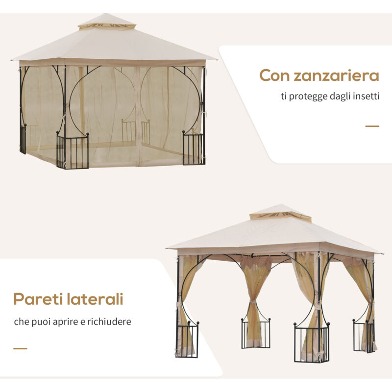 Gazebo Da Giardino Outsunny 3x3m - Con Zanzariere, Tetto Doppio E 8 Fori Di Drenaggio, Crema