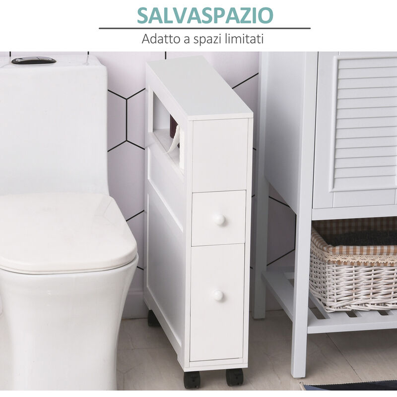 EASYCOMFORT Mobiletto da Bagno 2 Cassetti Salvaspazio con 4 Ruote Legno  16x52x71.5cm Bianco