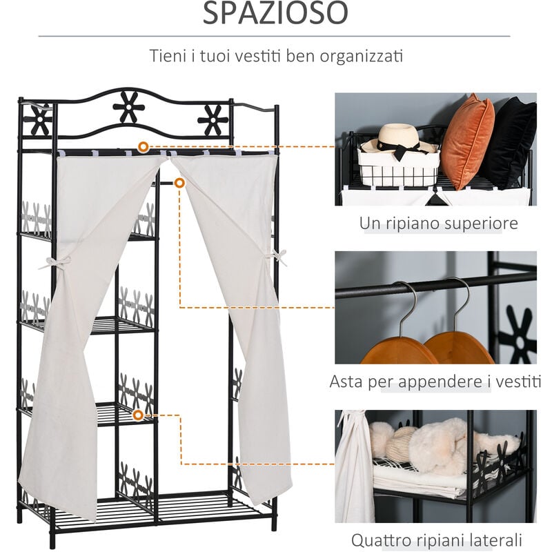 HOMCOM Appendiabiti in Ferro Guardaroba Armadio Aperto, 4 Ripiani