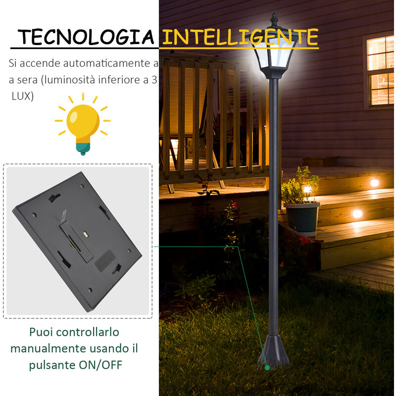 Outsunny Lampione da Esterni con 6 Luci Led e Pannelli Solari Impermeabile Accensione  Automatica Durata 6-8 Ore