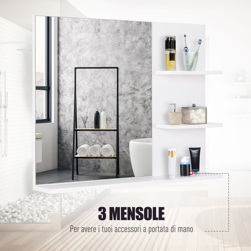 kleankin Mobiletto Pensile Bagno 60 x 10 x 48cm, Specchio 3 Ripiani MDF  Bianco