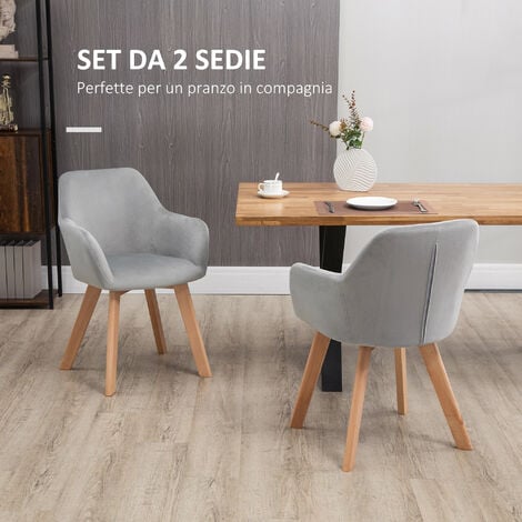 HOMCOM Set 2 Sedie per Sala da Pranzo in Velluto Imbottite con Braccioli Grigio
