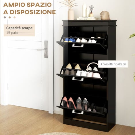 HOMCOM Scarpiera Moderna Compatta con 3 Cassetti per 15 Paia di Scarpe Nero