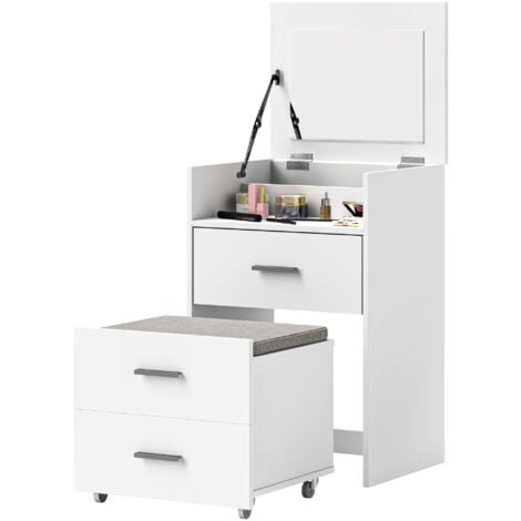 HOMCOM Tavolo Trucco in MDF con Specchio Ribaltabile, Cassetti e Sgabello Bianco