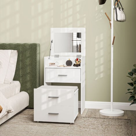 HOMCOM Tavolo Trucco in MDF con Specchio Ribaltabile, Cassetti e Sgabello Bianco