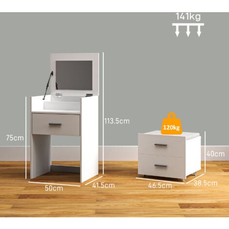 HOMCOM Tavolo Trucco in MDF con Specchio Ribaltabile, Cassetti e Sgabello Bianco