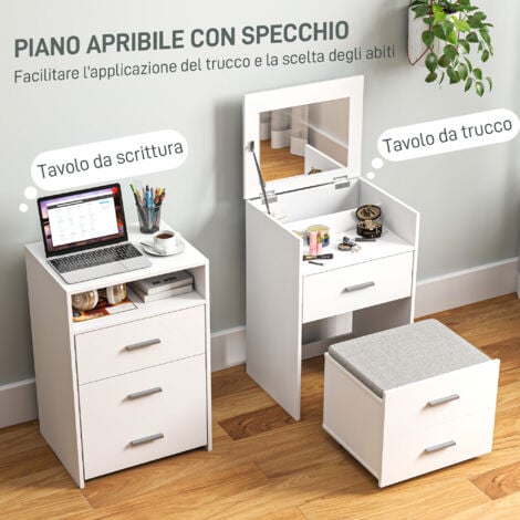 HOMCOM Tavolo Trucco in MDF con Specchio Ribaltabile, Cassetti e Sgabello Bianco