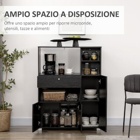 HOMCOM Credenza da Cucina per Microonde con Armadietti, Mensole e Cassetto Nero
