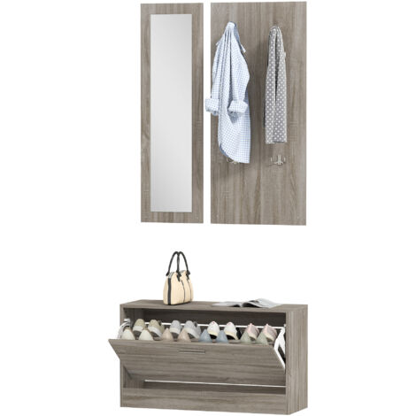 HOMCOM Set Ingresso 3pz con Scarpiera, Appendiabiti e Specchio Bianco e Legno