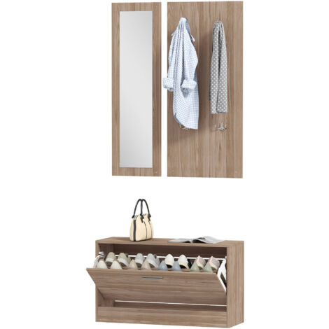 HOMCOM Set da Ingresso con Panca Scarpiera, Specchio e Appendiabiti Legno