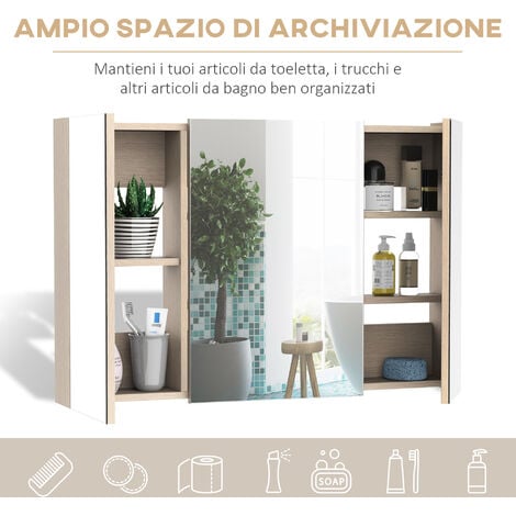 kleankin Armadietto Pensile con Specchio a 3 Ante da Bagno a Parete
