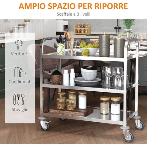 HOMCOM Carrello da Cucina con Ruote 3 Ripiani in Acciaio Inox Argento