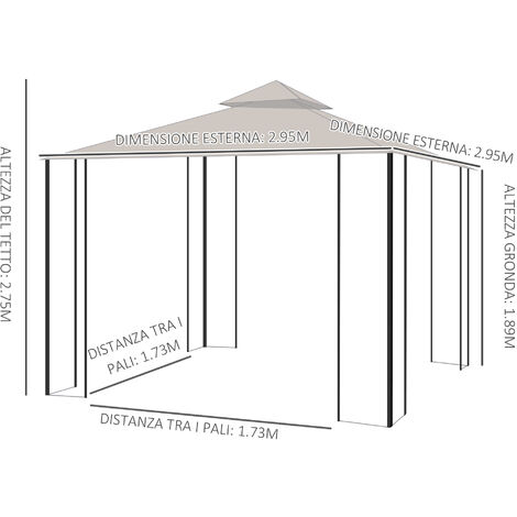 Outsunny Gazebo da Giardino in Metallo 3x3m con Tetto Traspirante e Zanzariere