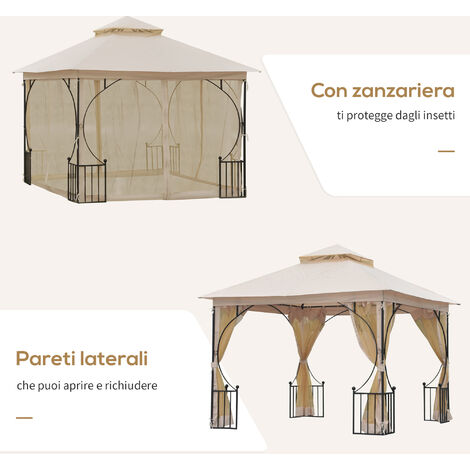 Outsunny Gazebo da Giardino in Metallo 3x3m con Tetto Traspirante e Zanzariere