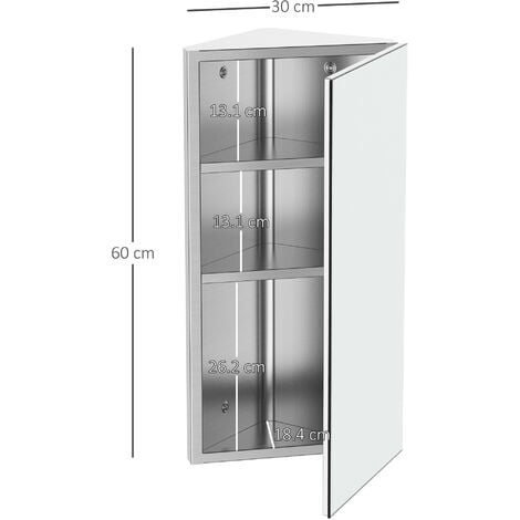 HOMCOM Armadietto Angolare Bagno Acciaio con 3 Ripiani Interni  60x30x18.4cm