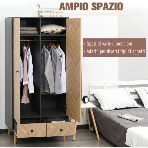 HOMCOM Armadio 2 Ante in Legno con 4 Vani, 2 Cassetti e Appendiabiti