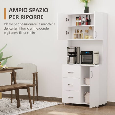 HOMCOM Credenza in Legno Bianco con 2 Armadietti 1 Ripiano Aperto e 3 Cassetti