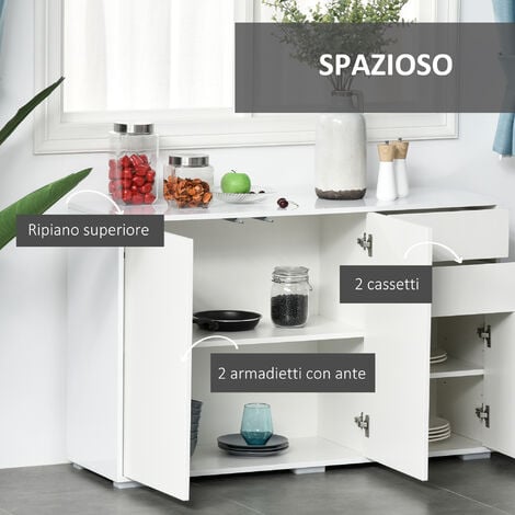 HOMCOM Mobiletto Multiuso Bianco 2 Armadietti Apertura a Pressione 2 Cassetti