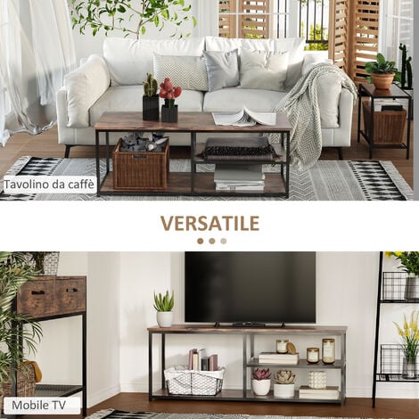 HOMCOM Mobile TV Moderno 3 Ripiani Stile Industriale Legno e Metallo Marrone
